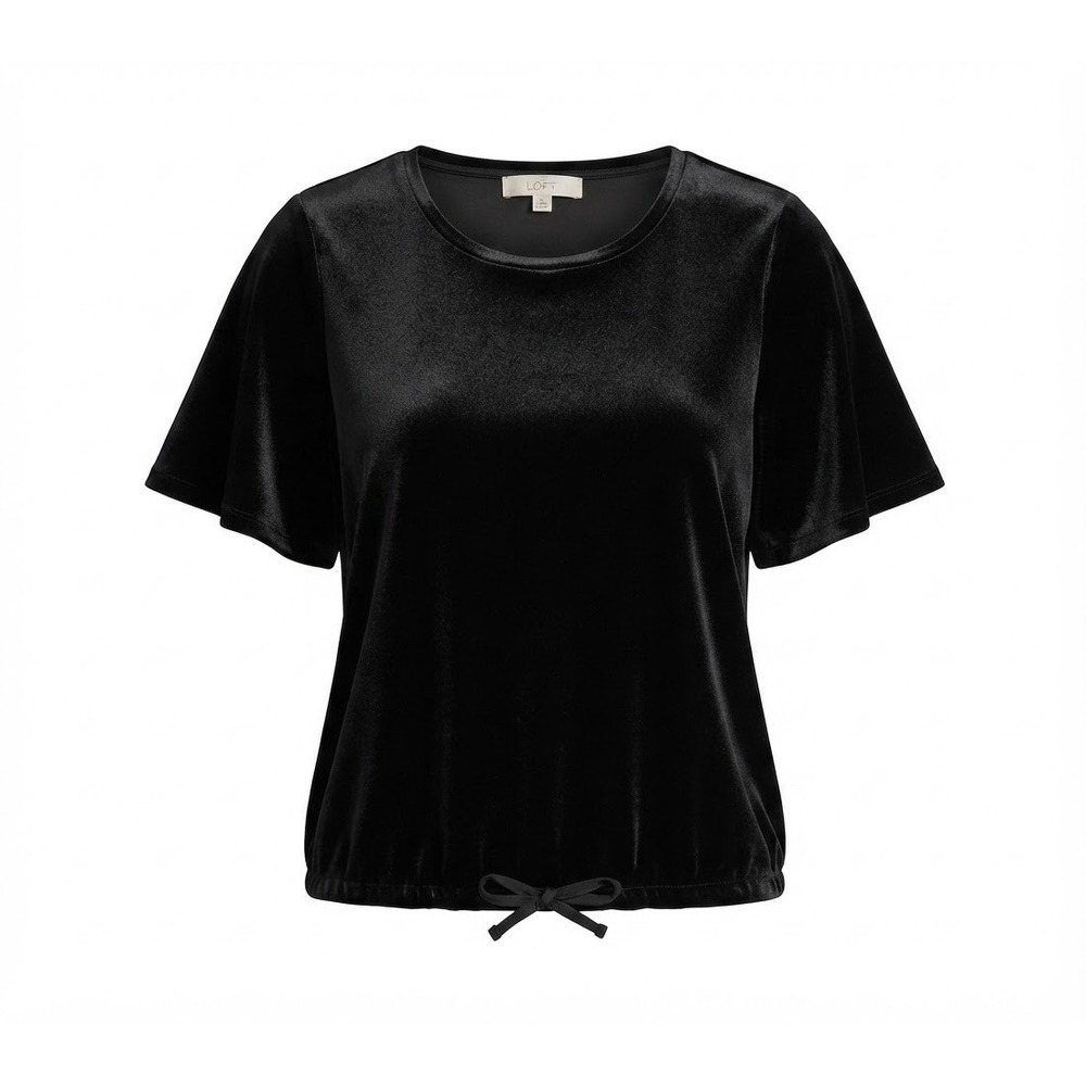 LOFT Velvet Short Sleeve Top Womens XL Black Flutter Sleeve Drawstring NWT